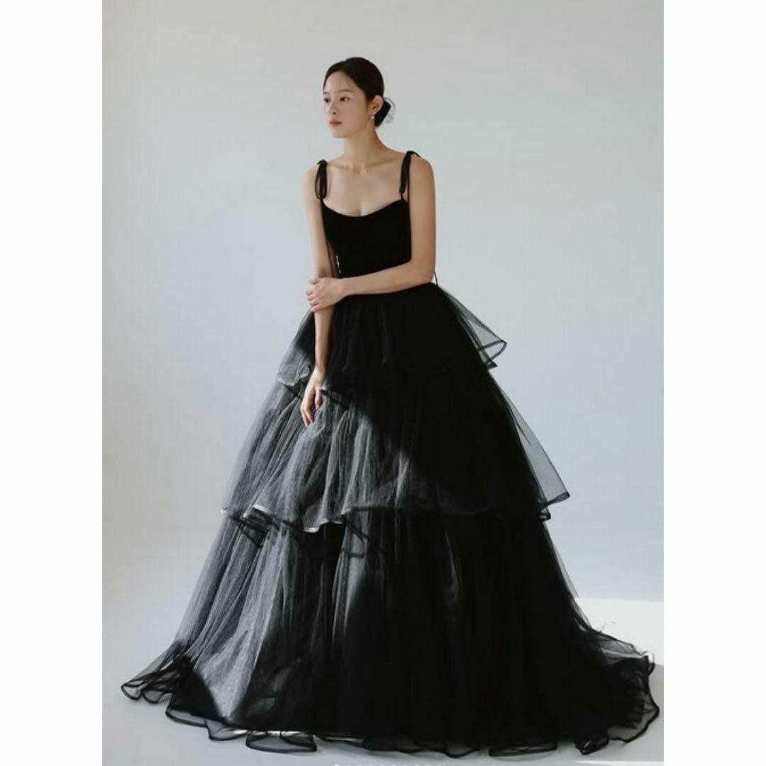 ブラックキャミソールティアードチュールドレス／結婚式／前撮り／カラードレス