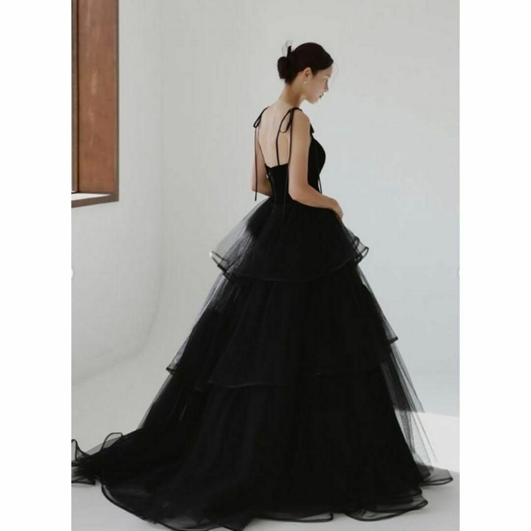 ブラックキャミソールティアードチュールドレス／結婚式／前撮り／カラードレス