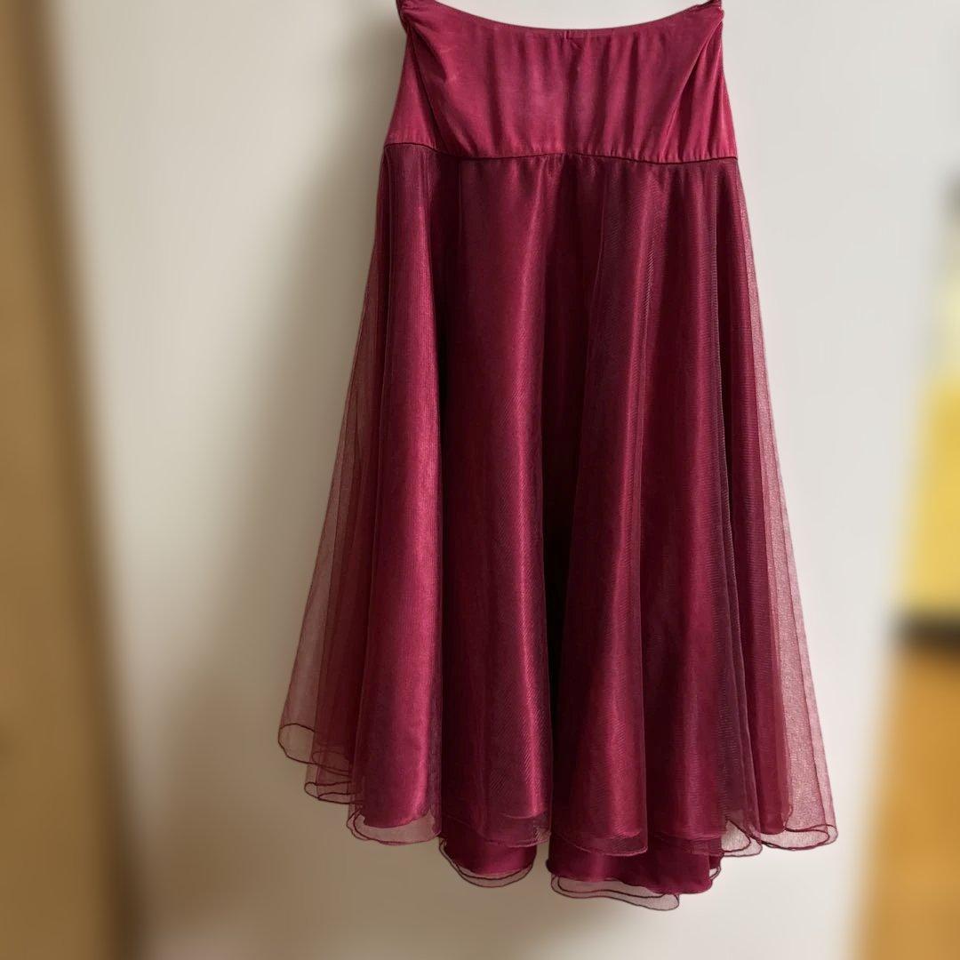 SALE 社交ダンス　チャコットバーガンディ チュール フレアスカート