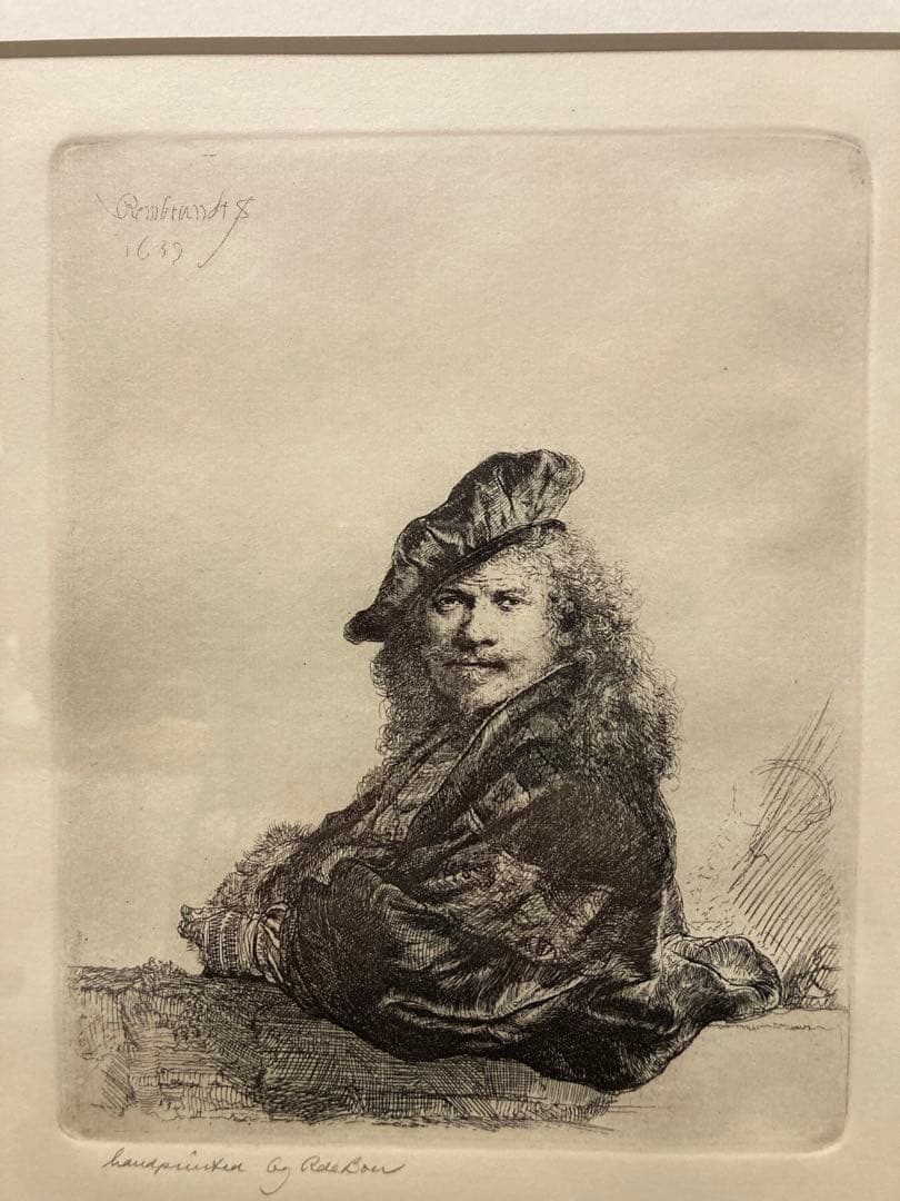 銅版画・エッチング【レンブラト】 「石の手すりに寄りかかる自画像」刷り師サイン