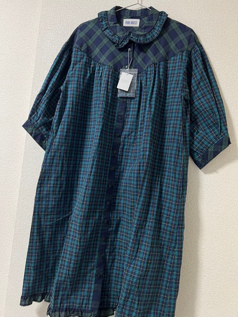 PINK HOUSE ロングワンピース チェック ピコフリル 半袖