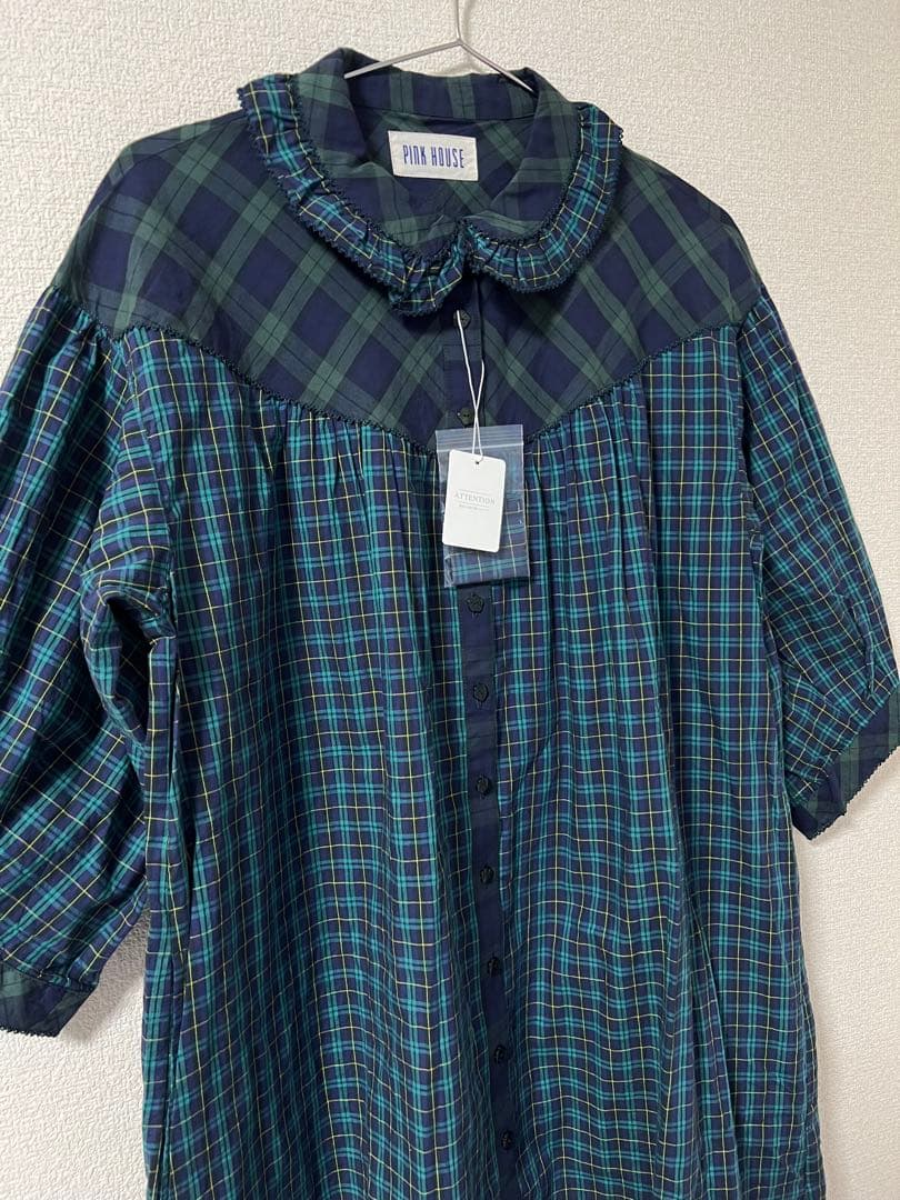 PINK HOUSE ロングワンピース チェック ピコフリル 半袖