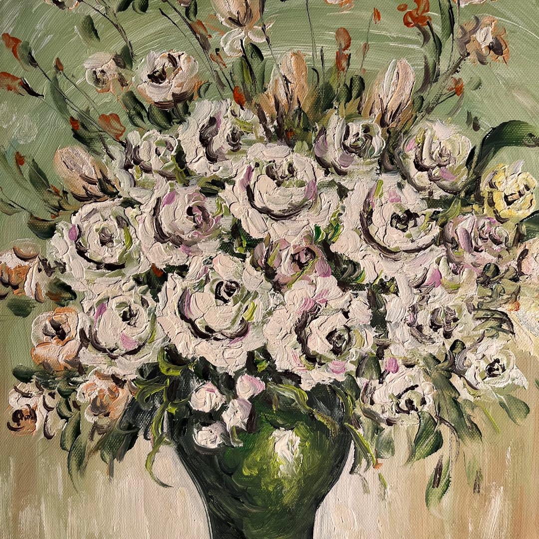 手書き油絵 ゴッホ 花瓶の薔薇 額付 肉筆絵画 インテリア 有名絵画 油彩画