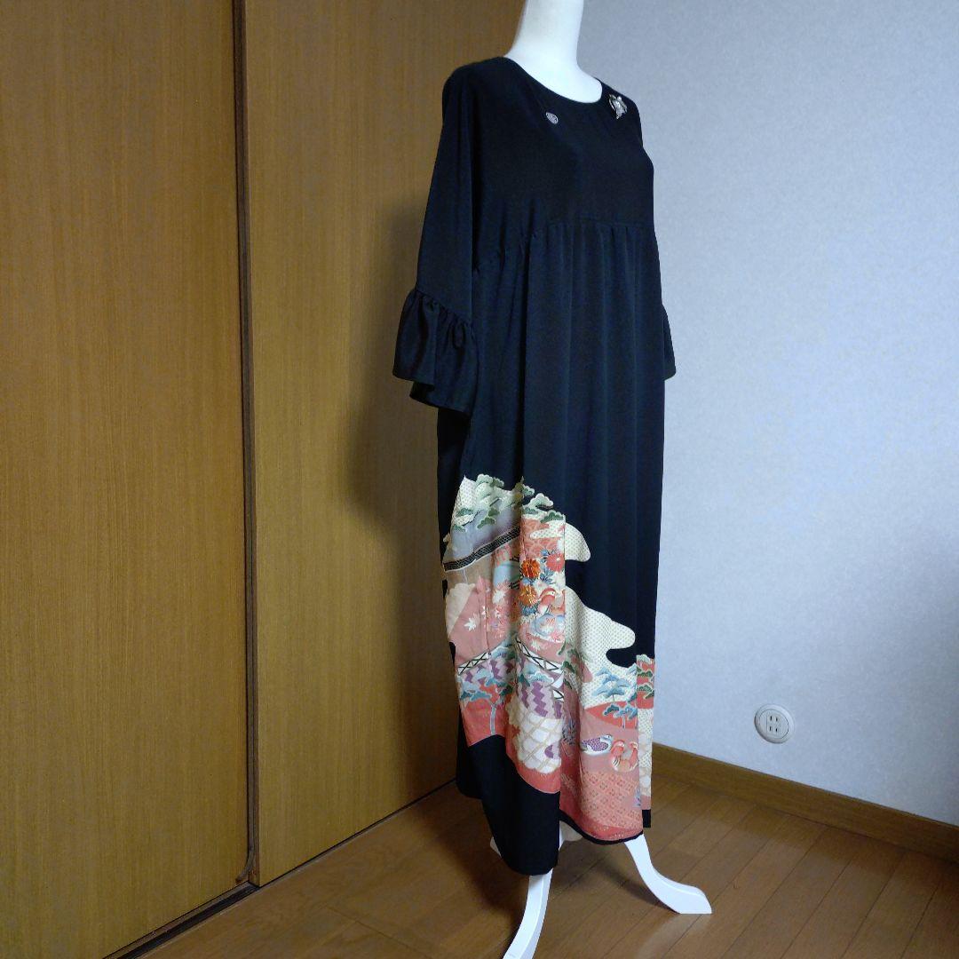 正絹留袖リメイク✤ゆったりロングワンピース✤フリル袖✤シルクのペチコート付