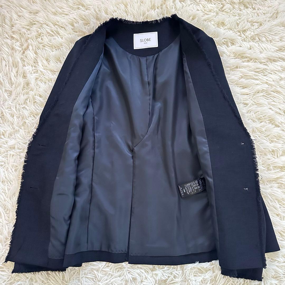 スローブイエナ ツイードVネック フリンジジャケット ノーカラー