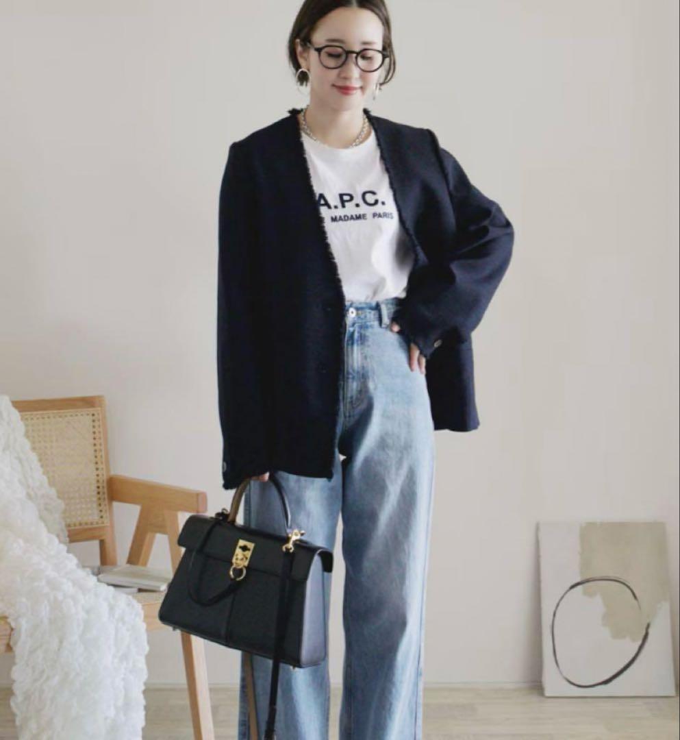 スローブイエナ ツイードVネック フリンジジャケット ノーカラー