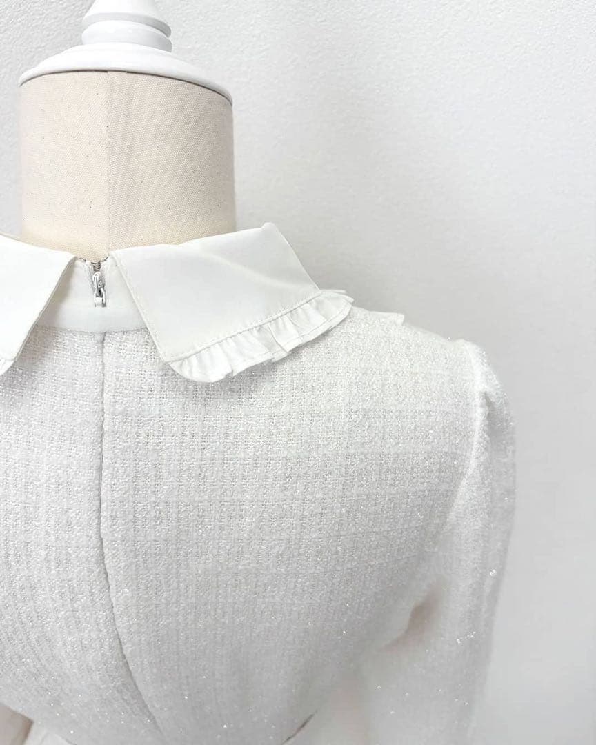 ハニーミュウ ビッグリボンツイードプリーツワンピース　ホワイト