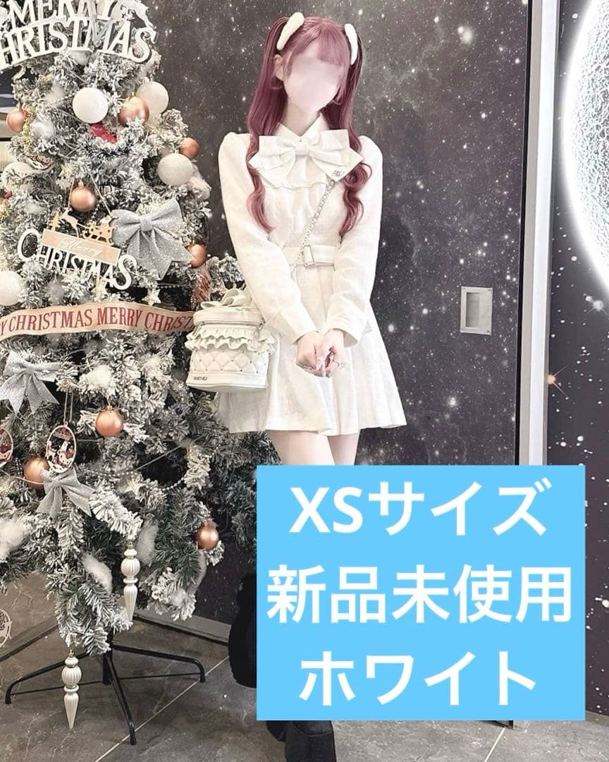 ハニーミュウ ビッグリボンツイードプリーツワンピース　ホワイト