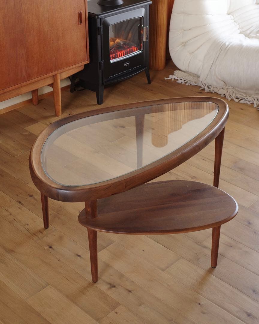 【美品】送料・設置込み！KEYUCA 木製ガラスセンターテーブル