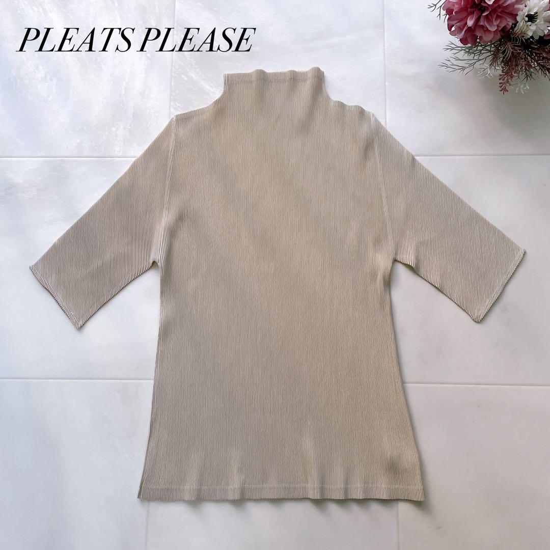 美品✨プリーツプリーズ ハイネック カットソー 半袖 洗える ベージュ サイズ3