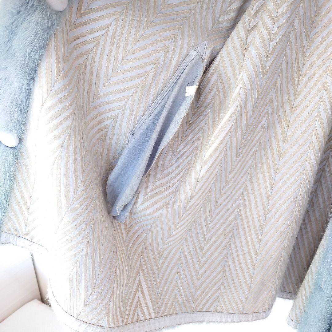 ラビット毛皮ライトブルー ヘリンボーンコートラパン外国製うさぎのハ−フコ―ト