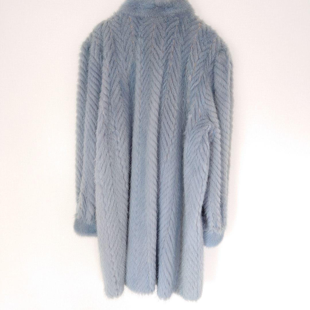 ラビット毛皮ライトブルー ヘリンボーンコートラパン外国製うさぎのハ−フコ―ト