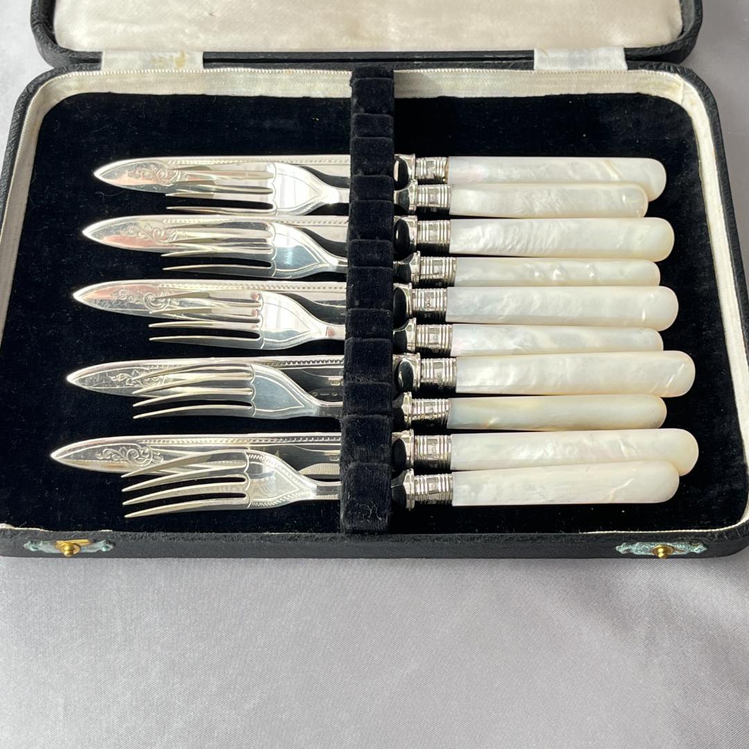 【英国 】【白蝶貝 / 純銀継手】ビクトリアン デザートセット10本 1921年