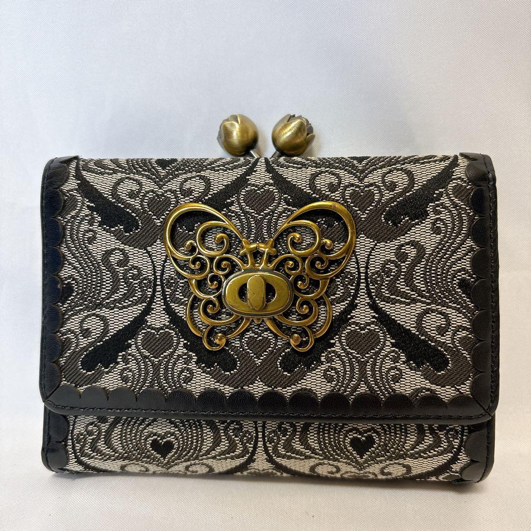 【美品】アナスイ ウォールハート ブラック がま口 折り財布 バタフライ