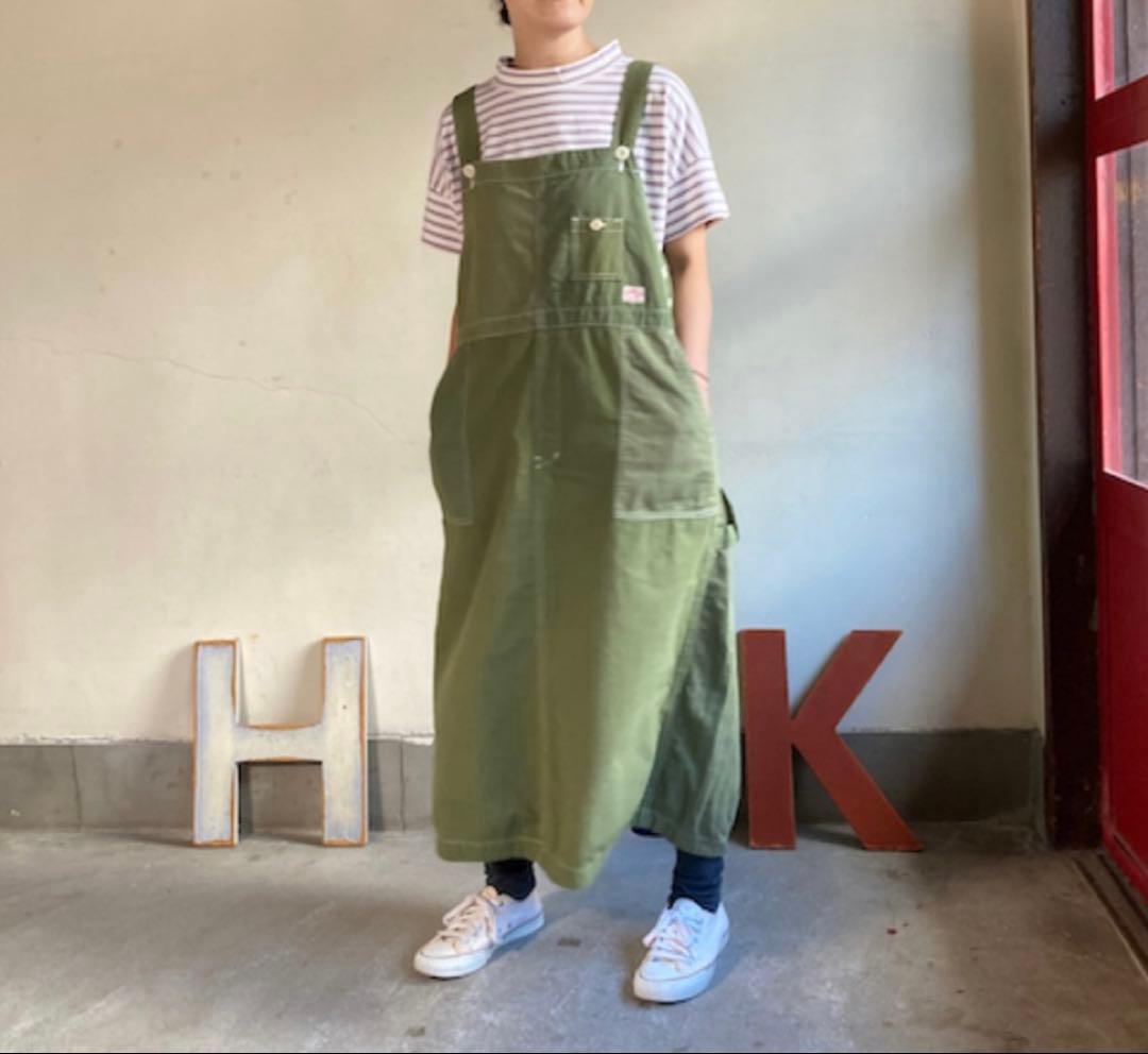 快晴堂 カーキリップストップ パッチワーク オーバーオールスカート