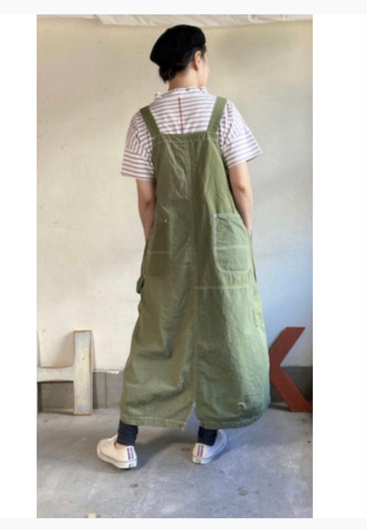 快晴堂 カーキリップストップ パッチワーク オーバーオールスカート