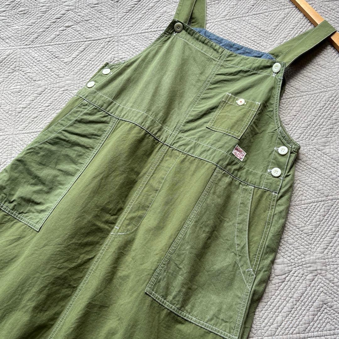 快晴堂 カーキリップストップ パッチワーク オーバーオールスカート
