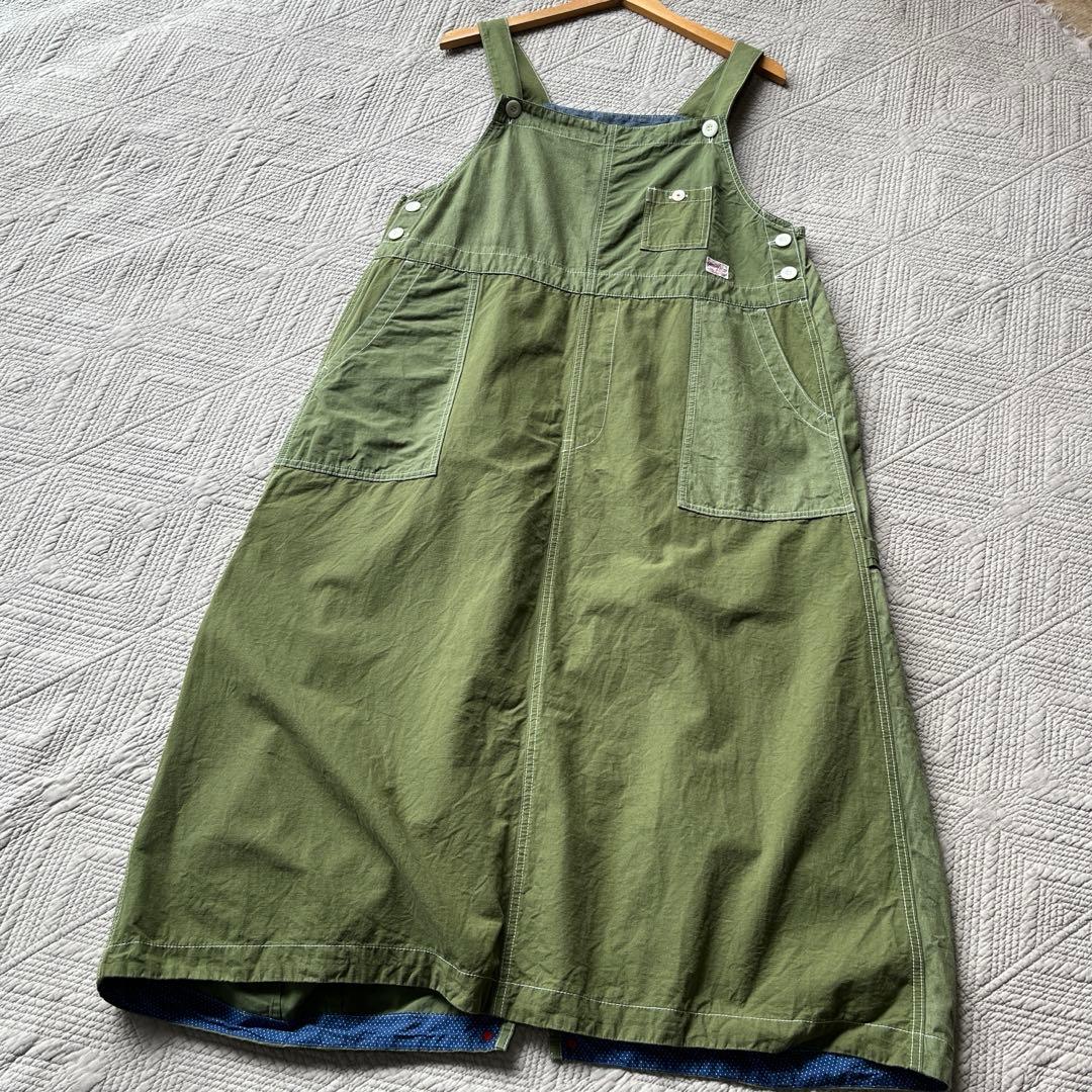 快晴堂 カーキリップストップ パッチワーク オーバーオールスカート