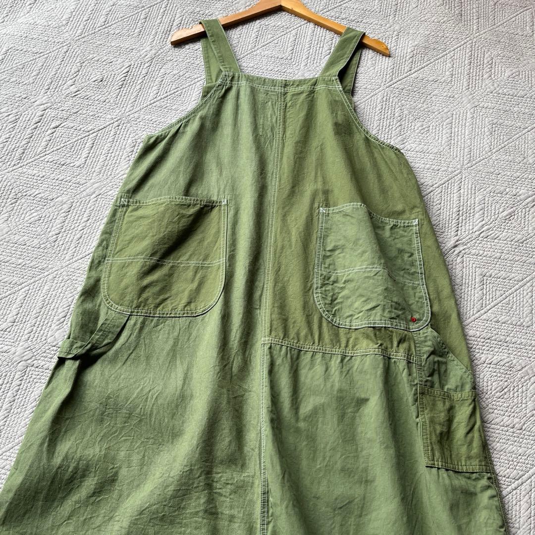 快晴堂 カーキリップストップ パッチワーク オーバーオールスカート