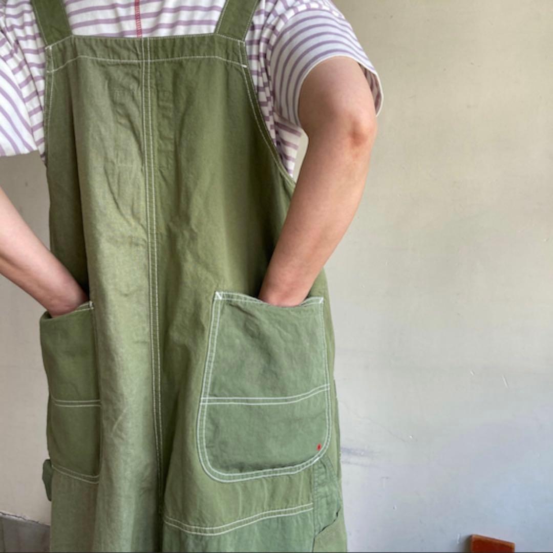 快晴堂 カーキリップストップ パッチワーク オーバーオールスカート