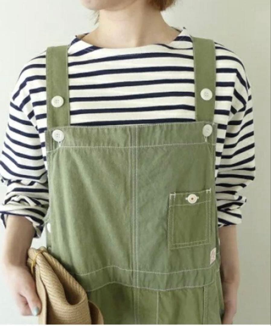 快晴堂 カーキリップストップ パッチワーク オーバーオールスカート