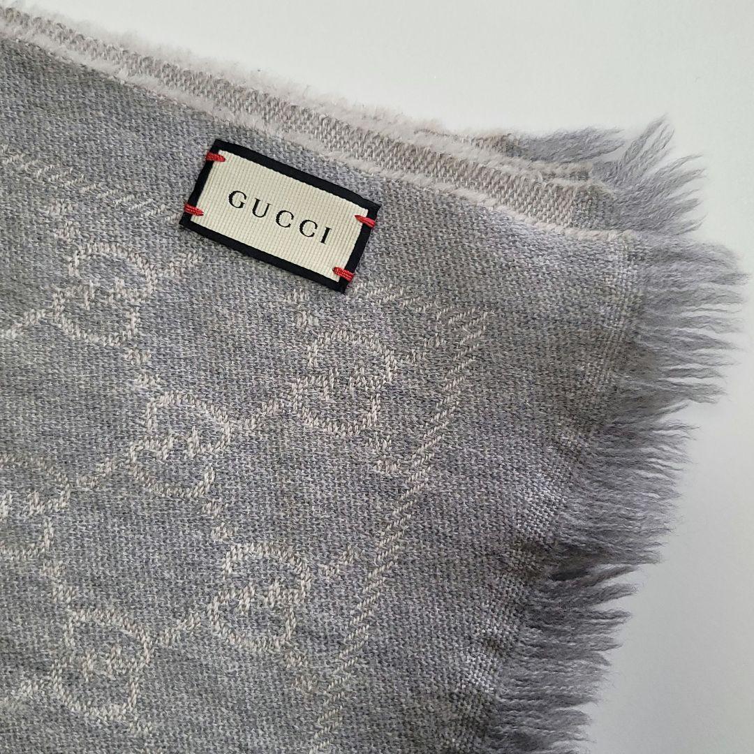 GUCCI グレー GGパターン マフラー フリンジ付き