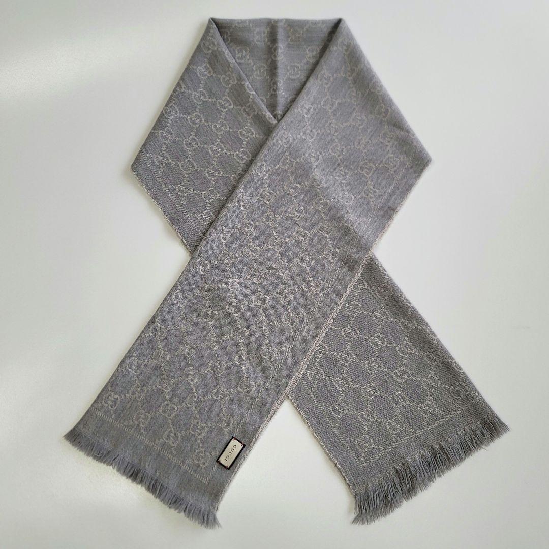 GUCCI グレー GGパターン マフラー フリンジ付き