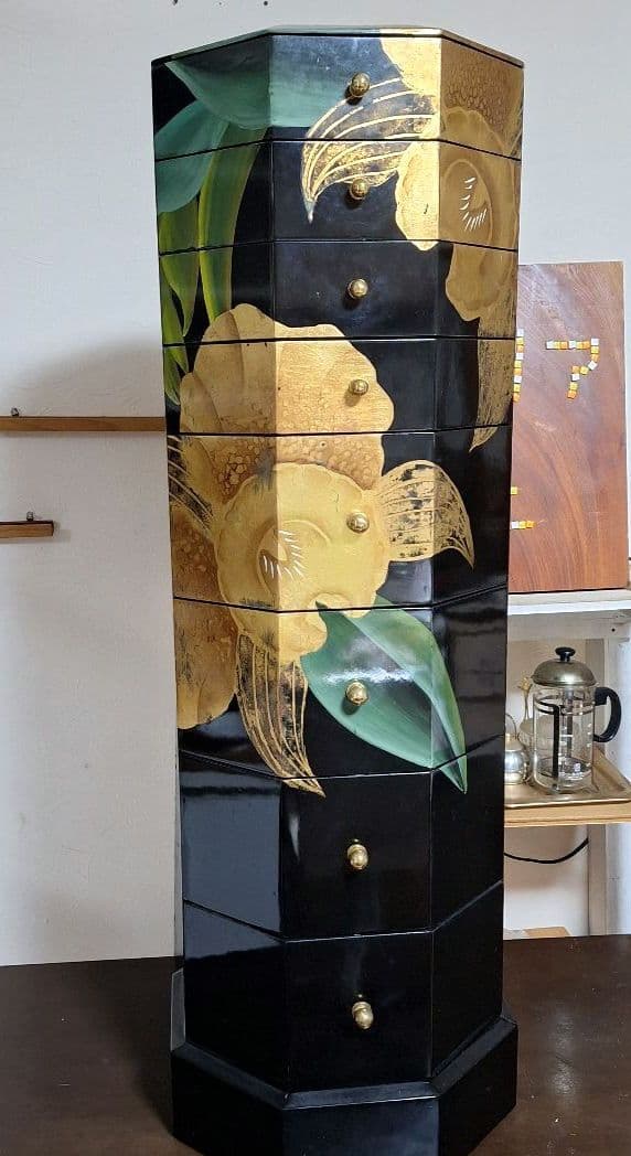 中国家具 黒漆 八角型 8杯 引き出し 抽斗 箪笥 チェスト 花台 高卓 飾り台