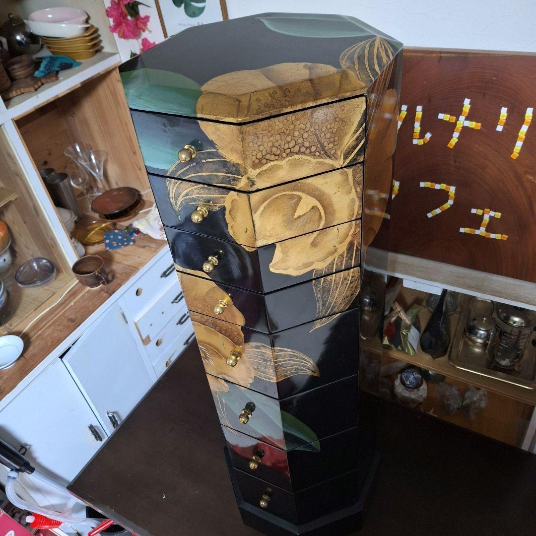 中国家具 黒漆 八角型 8杯 引き出し 抽斗 箪笥 チェスト 花台 高卓 飾り台