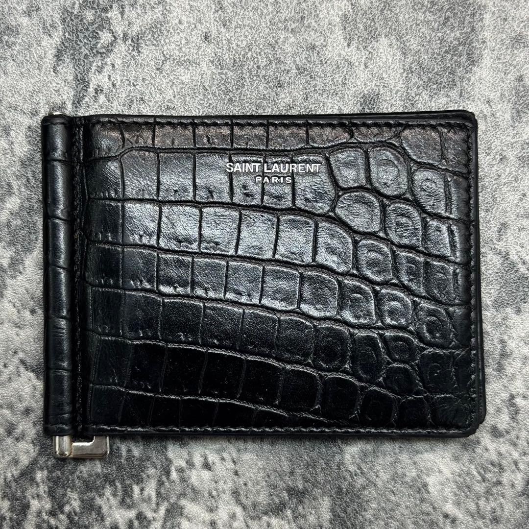 極美品✨サンローラン マネークリップ クロコ 折り財布 プリントロゴ 黒