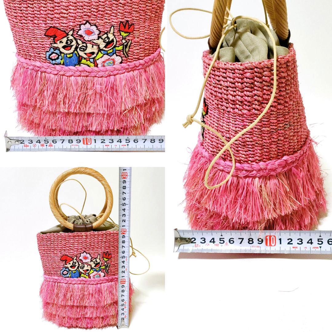 ①アルベルベロ / オレボレブラ フリンジかごバッグ 小ぶり ブタさん刺繍