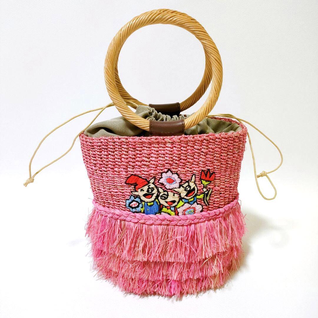 ①アルベルベロ / オレボレブラ フリンジかごバッグ 小ぶり ブタさん刺繍