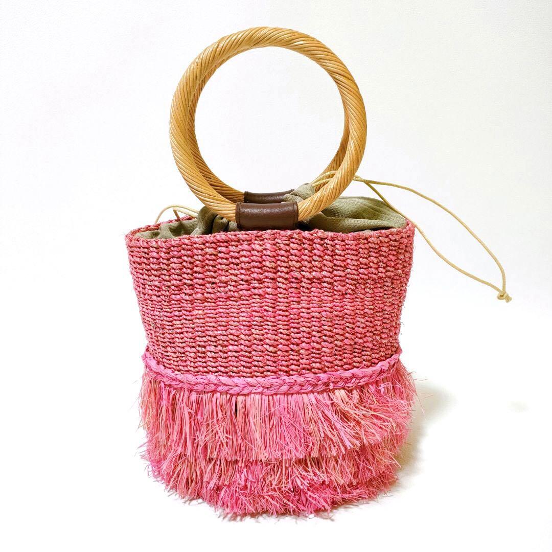 ①アルベルベロ / オレボレブラ フリンジかごバッグ 小ぶり ブタさん刺繍