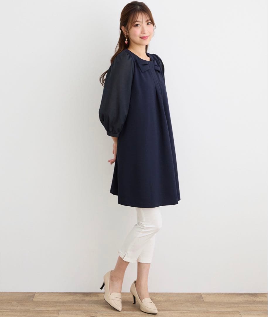 美品☆ローズティアラ胸元リボン風チュニックワンピース紺大きいサイズ46