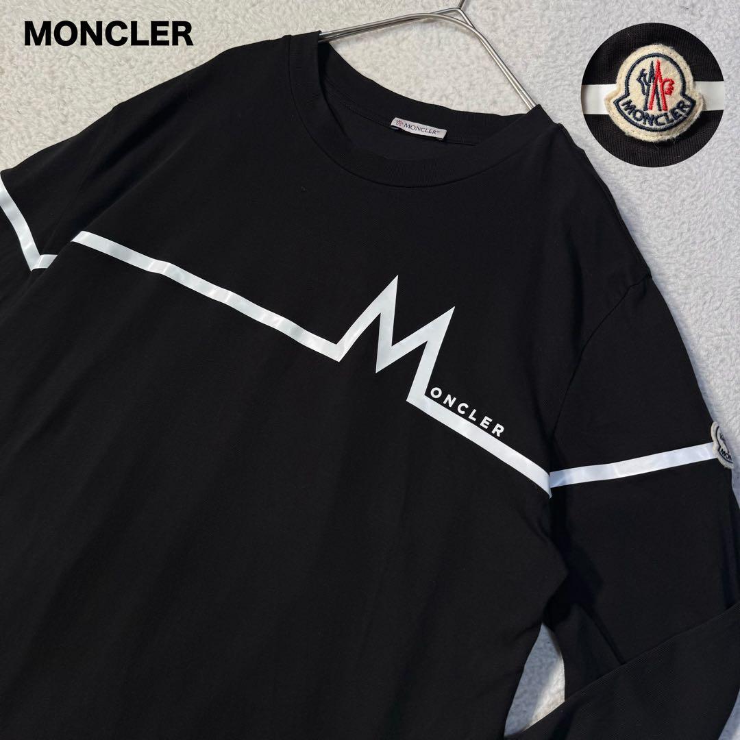 極美品 メンズL MONCLER LS T-SHIRT ロンT 袖ワッペン 黒