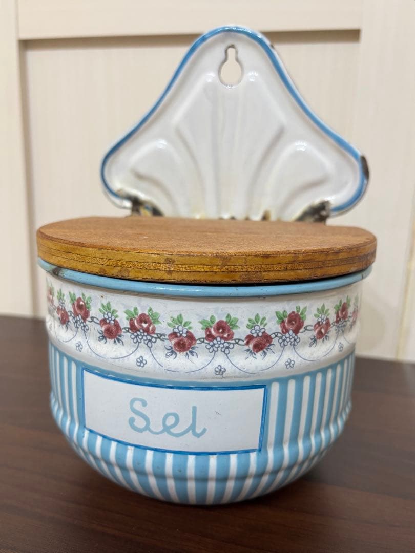 フランスアンティーク ホーロー キャニスター ローズガーランド　ローズバンド