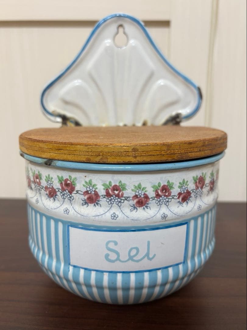 フランスアンティーク ホーロー キャニスター ローズガーランド　ローズバンド