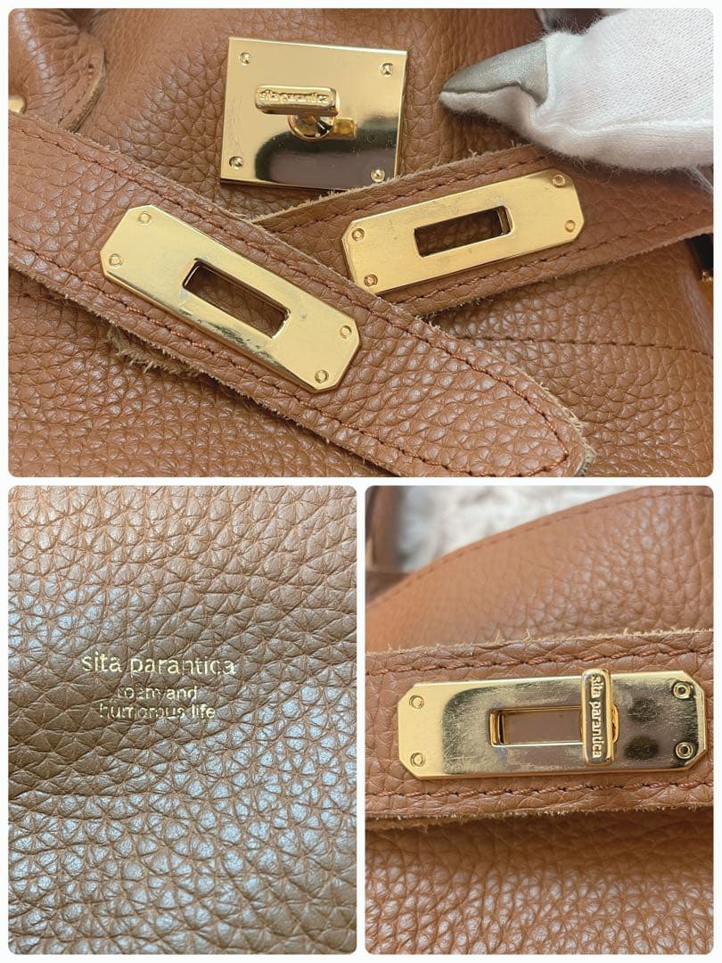 sita parantica 本革　ブラウン　キャメル　ハンドバッグ　金具付