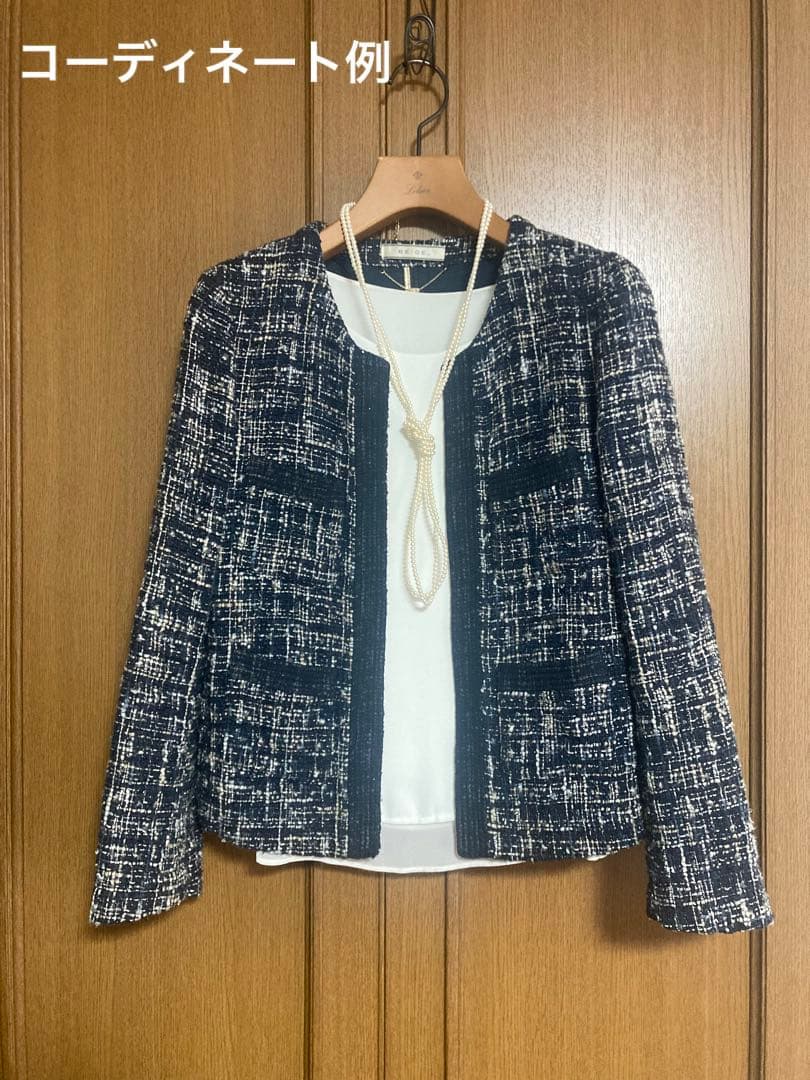 BEIGE, ベイジ　ツィード　ノーカラージャケット　スカート　6　ネイビー