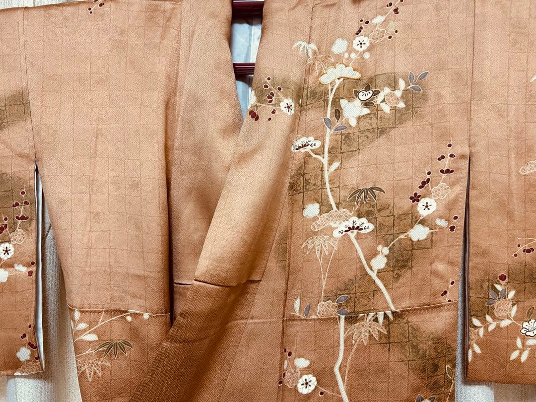 美品　訪問着のみ　ブラウン　希少S S サイズ　金刺繍　松竹梅　椿　パール加工済