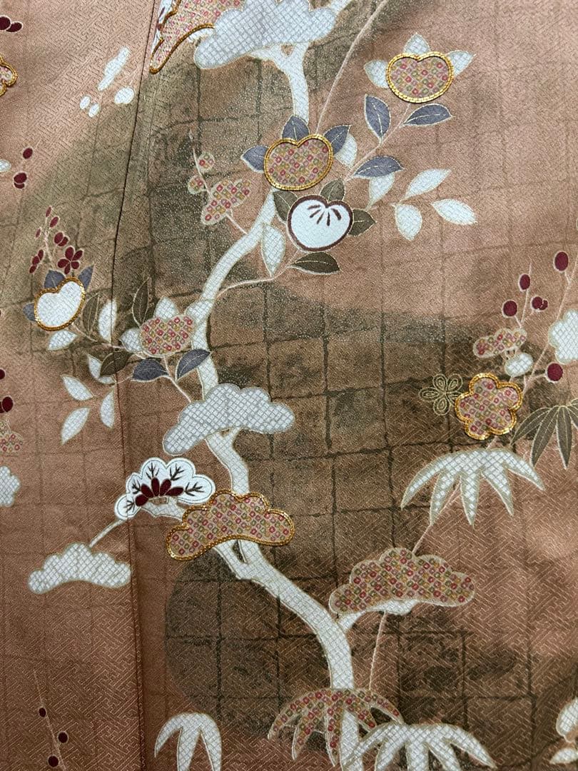 美品　訪問着のみ　ブラウン　希少S S サイズ　金刺繍　松竹梅　椿　パール加工済