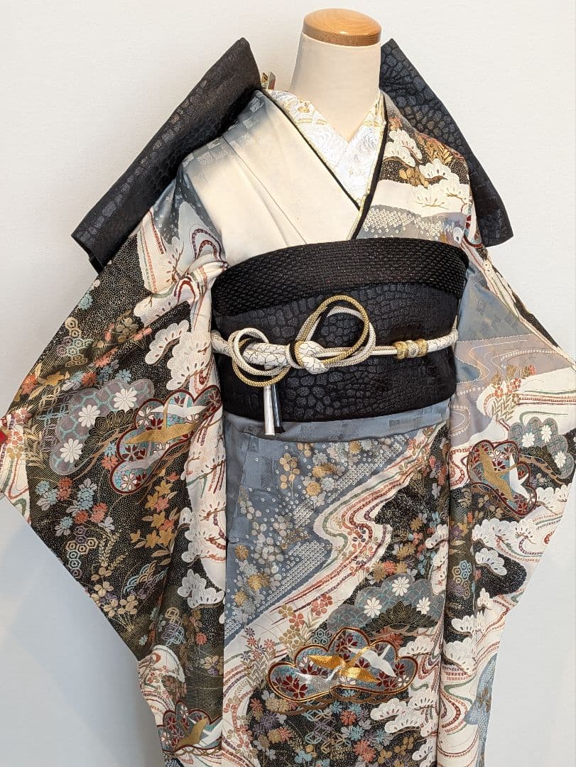 振袖フルセット 身丈155裄63 暈し染め 金銀彩 黒 グレー 逸品 成人式