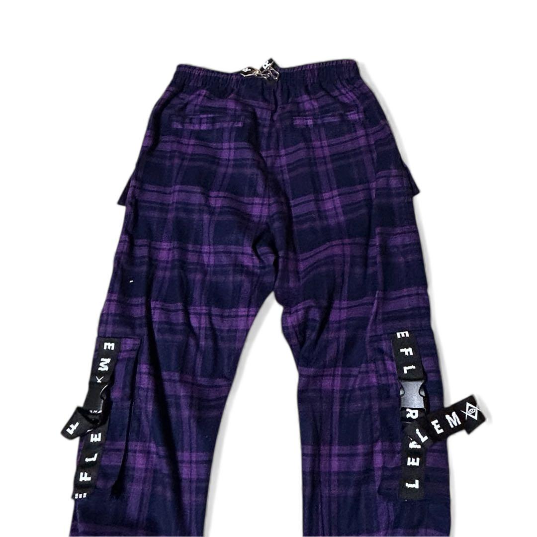 即完品✨REFLEM ハーネスロゴベルトカーゴパンツ パープルチェック FREE