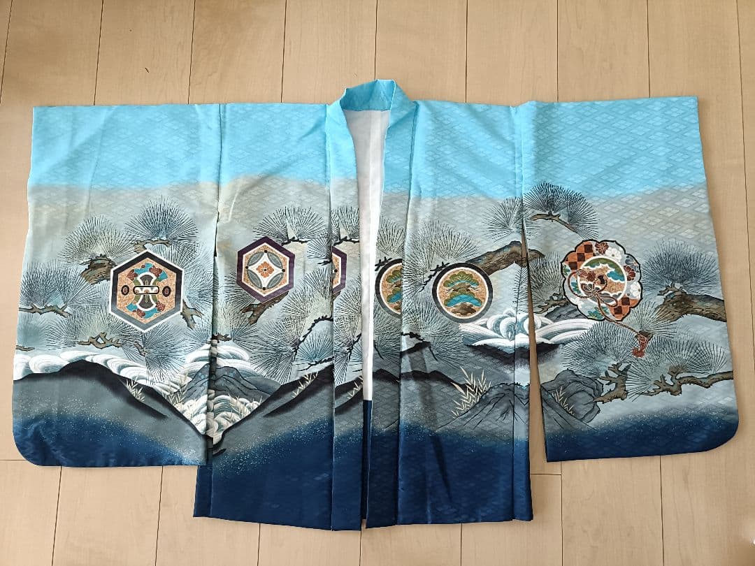 【10momi_kai10】七五三　5歳用 着物袴フルセット 水色 鶴と松