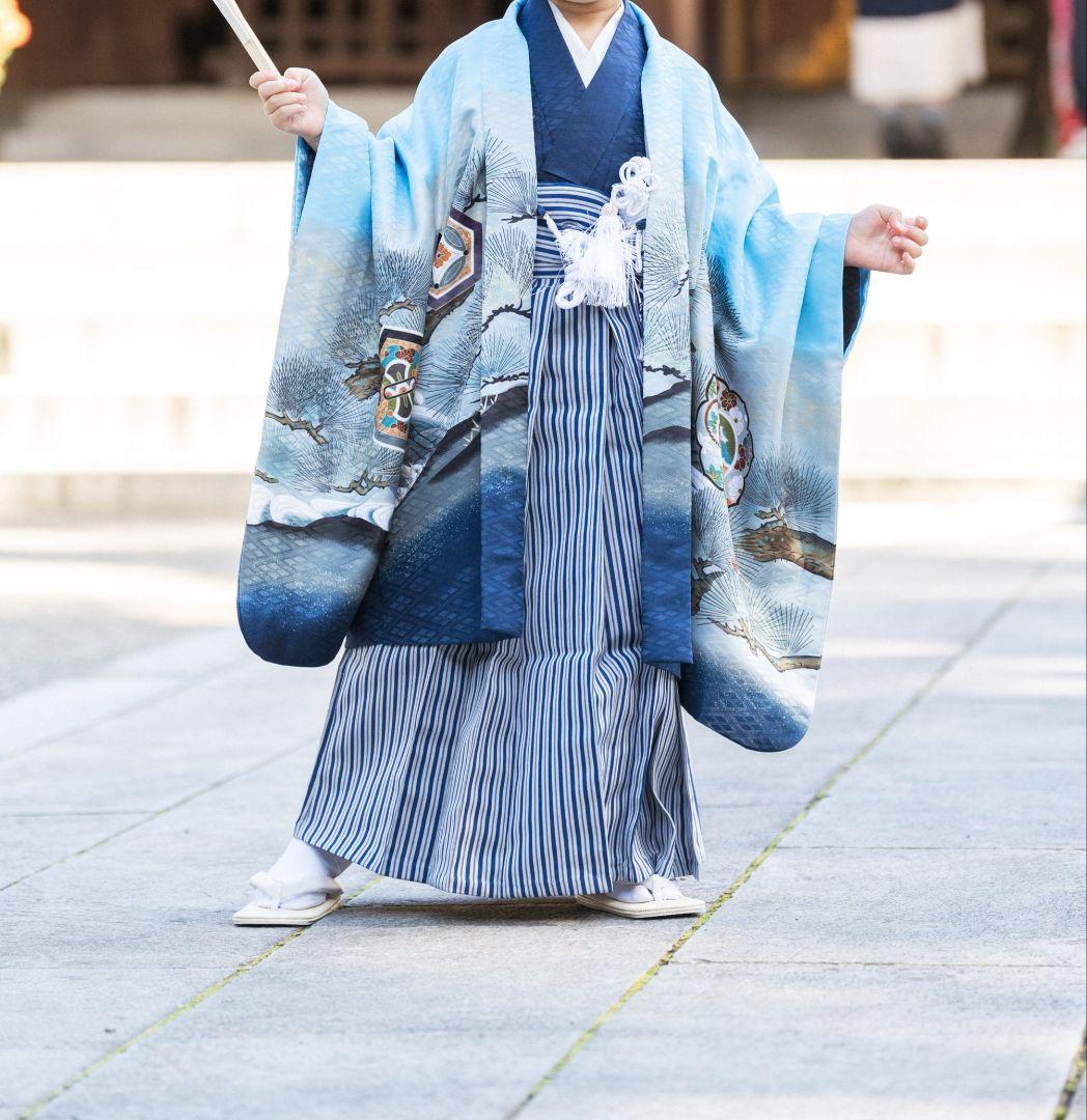 【10momi_kai10】七五三　5歳用 着物袴フルセット 水色 鶴と松