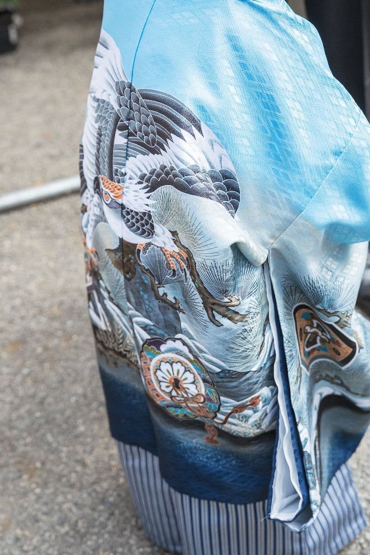 【10momi_kai10】七五三　5歳用 着物袴フルセット 水色 鶴と松