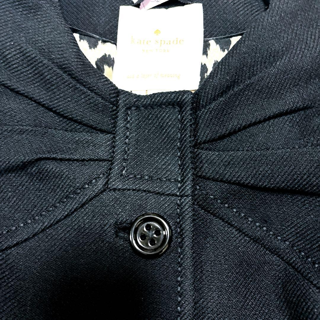 美品ケイトスペードリボンノーカラーロングコートレオパード柄ウール100%人気黒