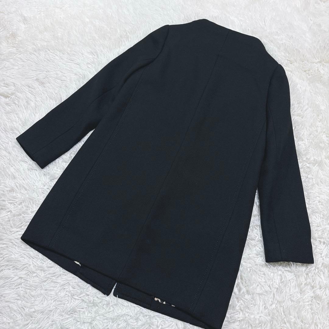 美品ケイトスペードリボンノーカラーロングコートレオパード柄ウール100%人気黒