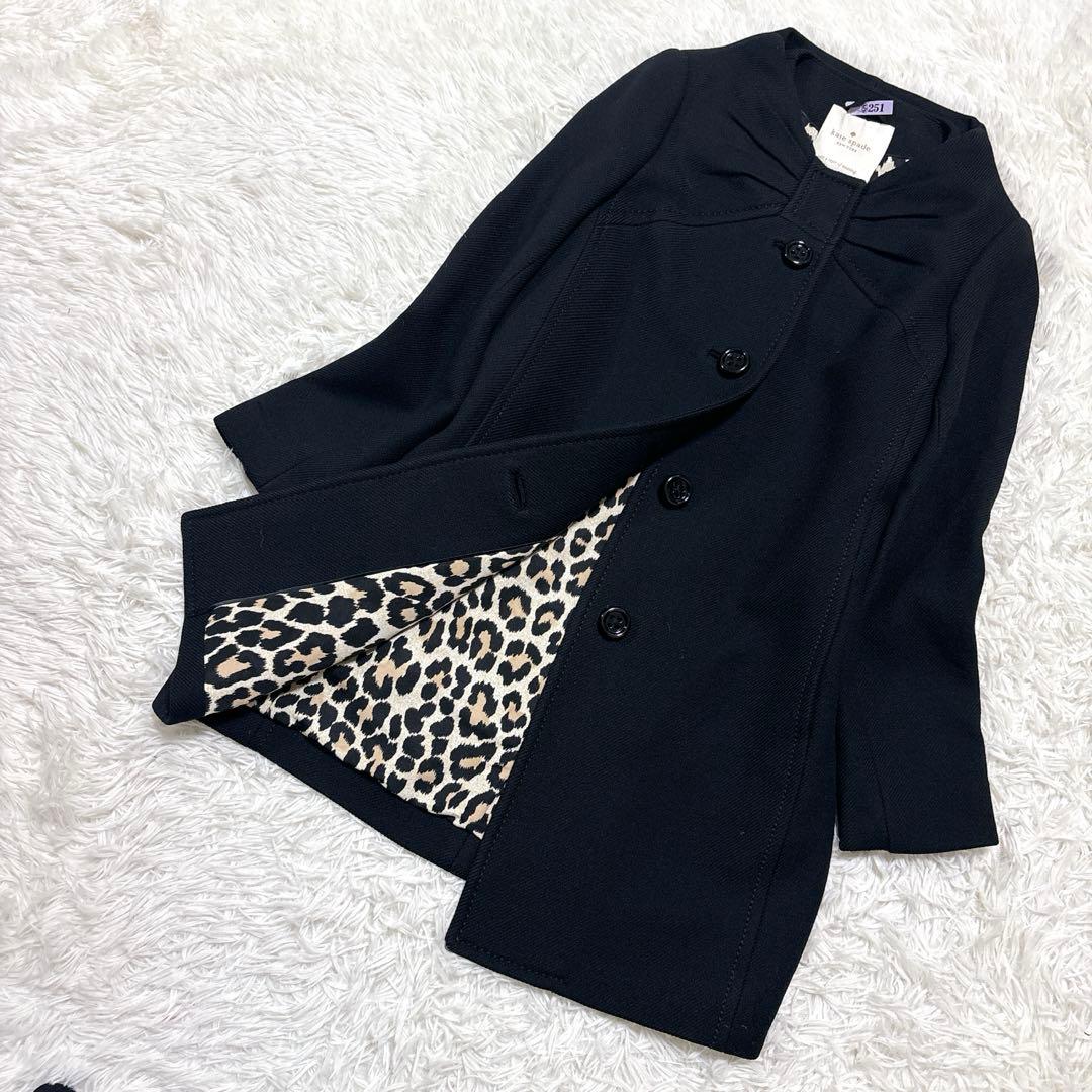 美品ケイトスペードリボンノーカラーロングコートレオパード柄ウール100%人気黒