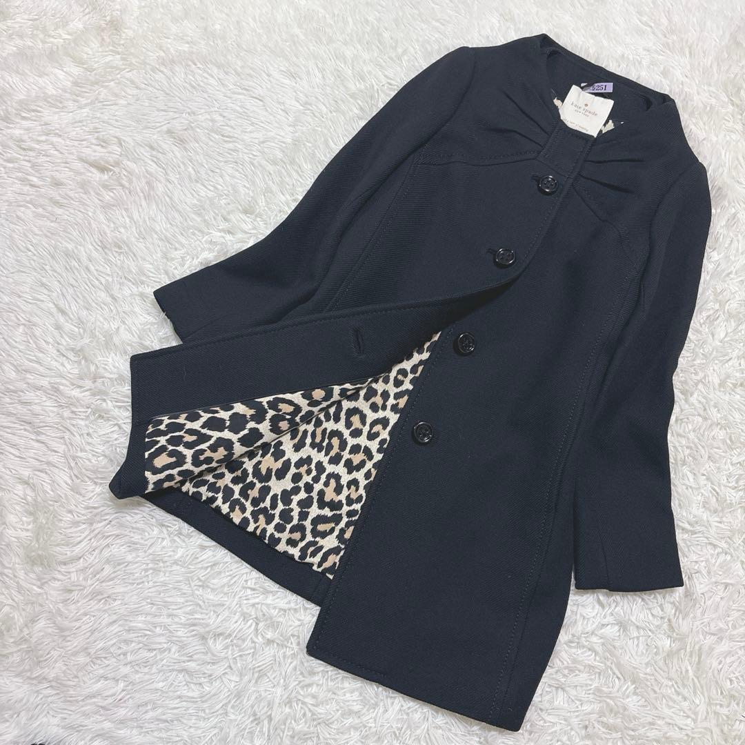 美品ケイトスペードリボンノーカラーロングコートレオパード柄ウール100%人気黒
